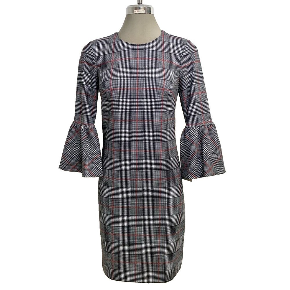 NWT CALVIN KLEIN Elegant Plaid Black White Multi Office Sheath Dress
